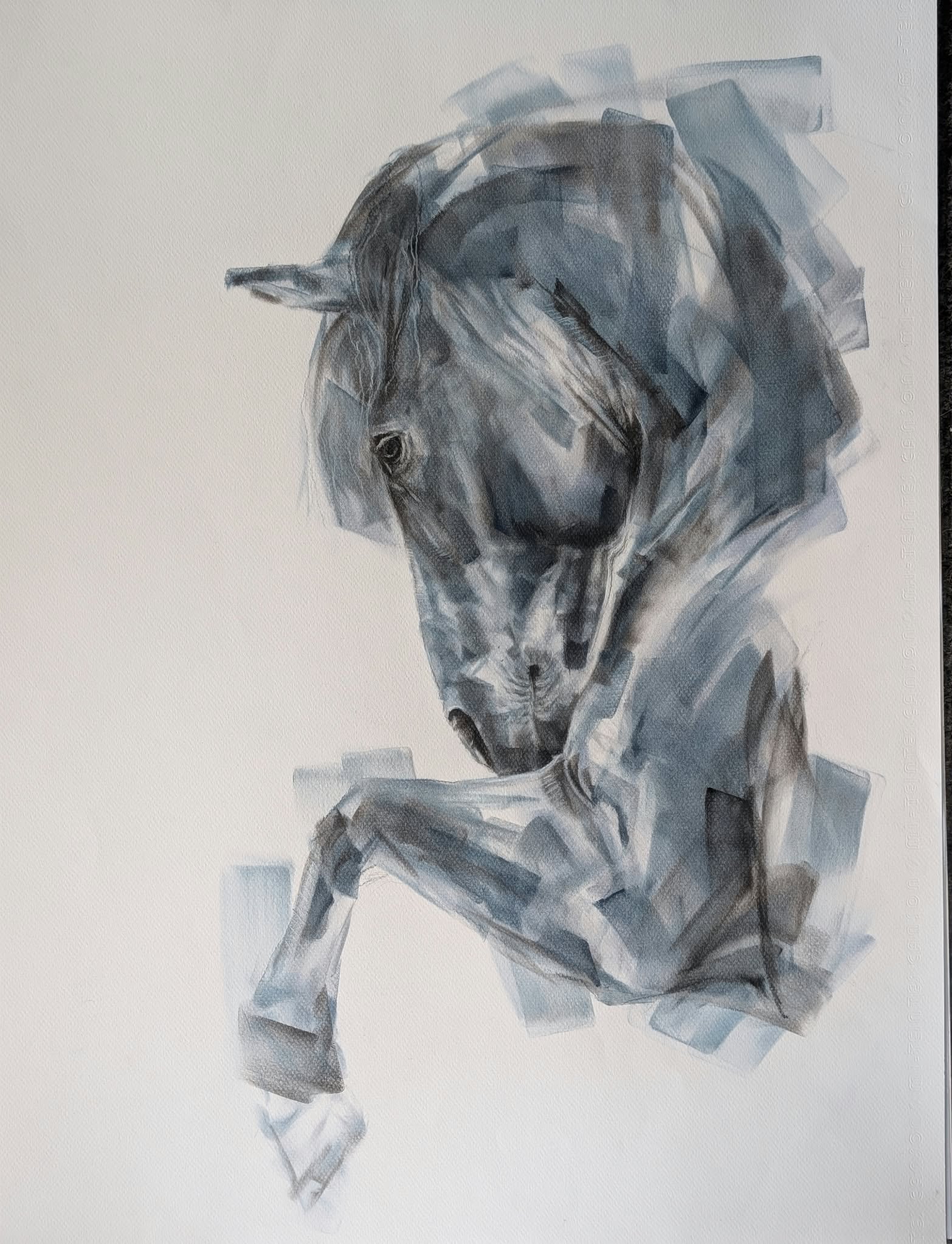 A dark horse with a bowed head and lifted foreleg, emerging from expressive geometric gestures.